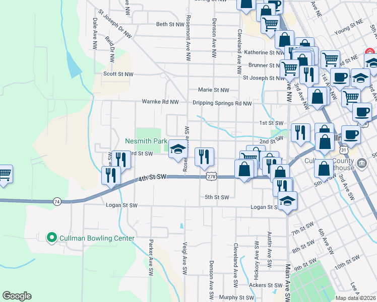 map of restaurants, bars, coffee shops, grocery stores, and more near 201 Morgan Avenue Northwest in Cullman