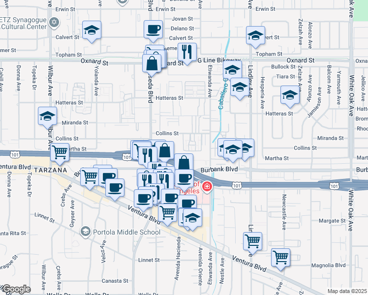 map of restaurants, bars, coffee shops, grocery stores, and more near 18360 Collins Street in Los Angeles