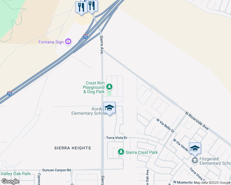 map of restaurants, bars, coffee shops, grocery stores, and more near 4414 Monarch Drive in Fontana