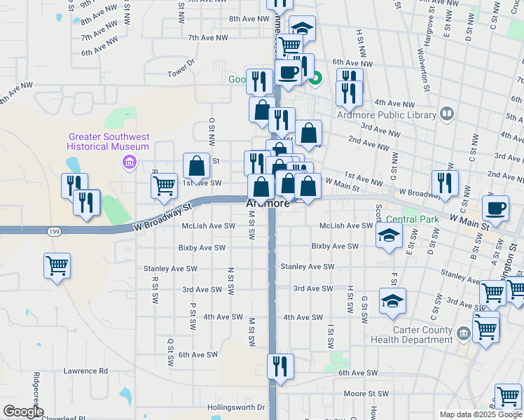 map of restaurants, bars, coffee shops, grocery stores, and more near 107 South Commerce Street in Ardmore