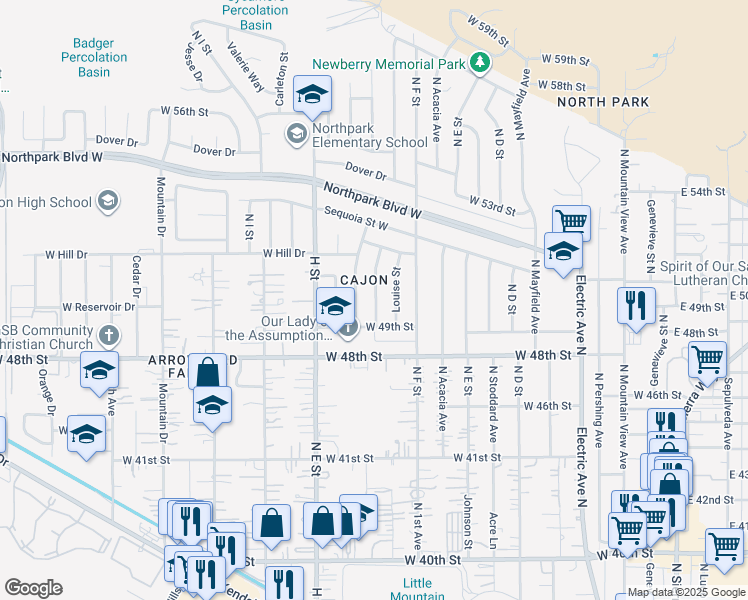 map of restaurants, bars, coffee shops, grocery stores, and more near in San Bernardino