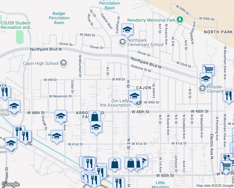 map of restaurants, bars, coffee shops, grocery stores, and more near 5066 North E Street in San Bernardino County