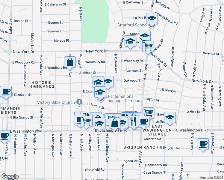map of restaurants, bars, coffee shops, grocery stores, and more near 1654 University Drive in Pasadena