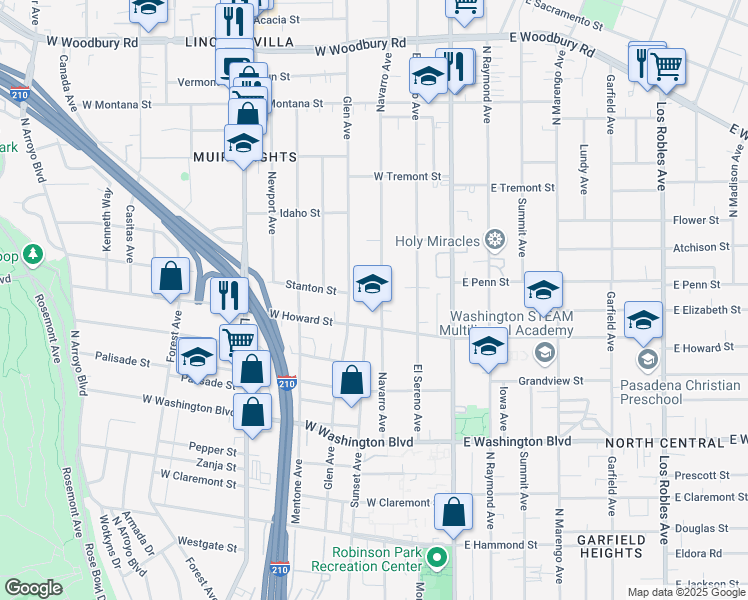 map of restaurants, bars, coffee shops, grocery stores, and more near 1670 Navarro Avenue in Pasadena