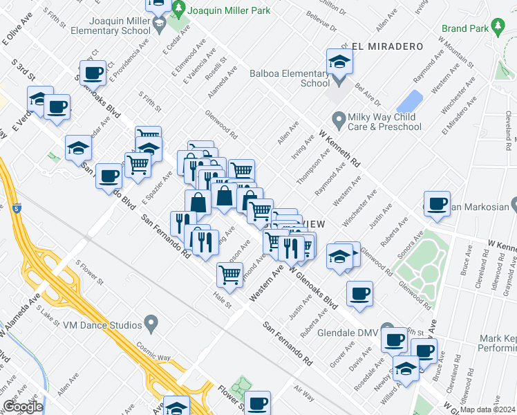 map of restaurants, bars, coffee shops, grocery stores, and more near 1141 Irving Avenue in Glendale