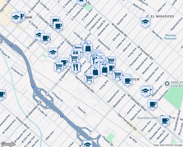map of restaurants, bars, coffee shops, grocery stores, and more near 1060 Elm Avenue in Glendale