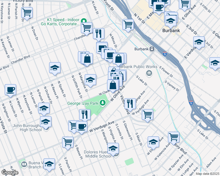 map of restaurants, bars, coffee shops, grocery stores, and more near 1005 West Orange Grove Avenue in Burbank