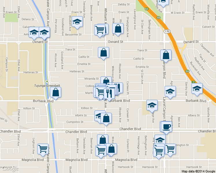 map of restaurants, bars, coffee shops, grocery stores, and more near 12506 Miranda Street in Los Angeles