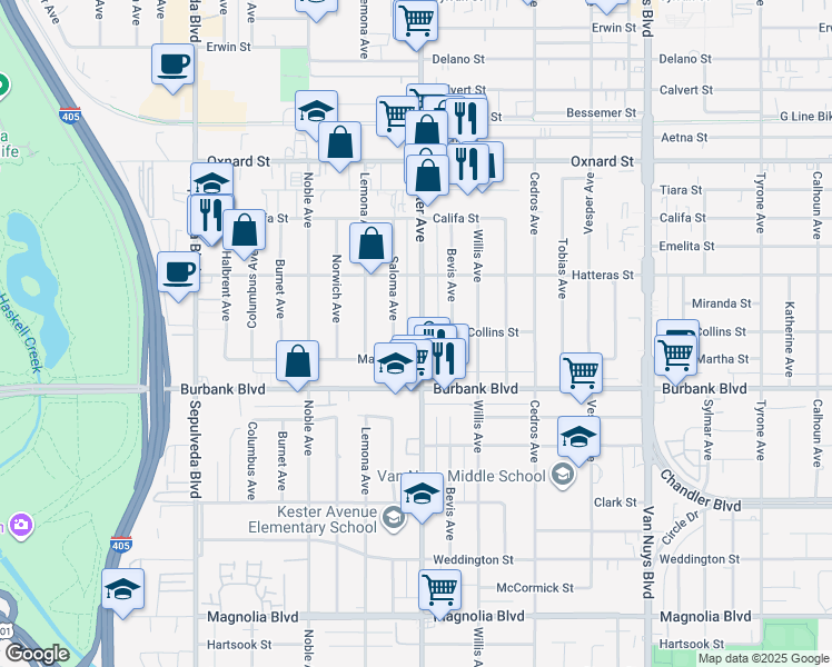 map of restaurants, bars, coffee shops, grocery stores, and more near 5717 Kester Avenue in Los Angeles