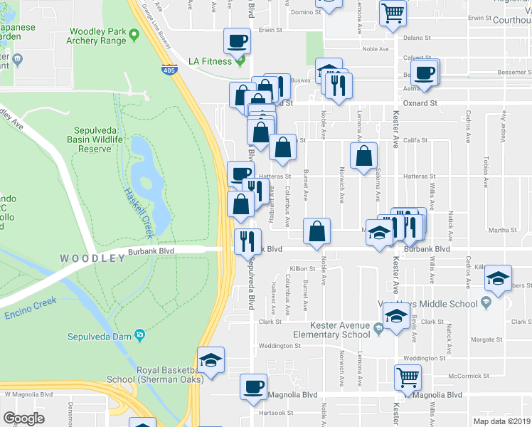 map of restaurants, bars, coffee shops, grocery stores, and more near 5720 Sepulveda Boulevard in Los Angeles