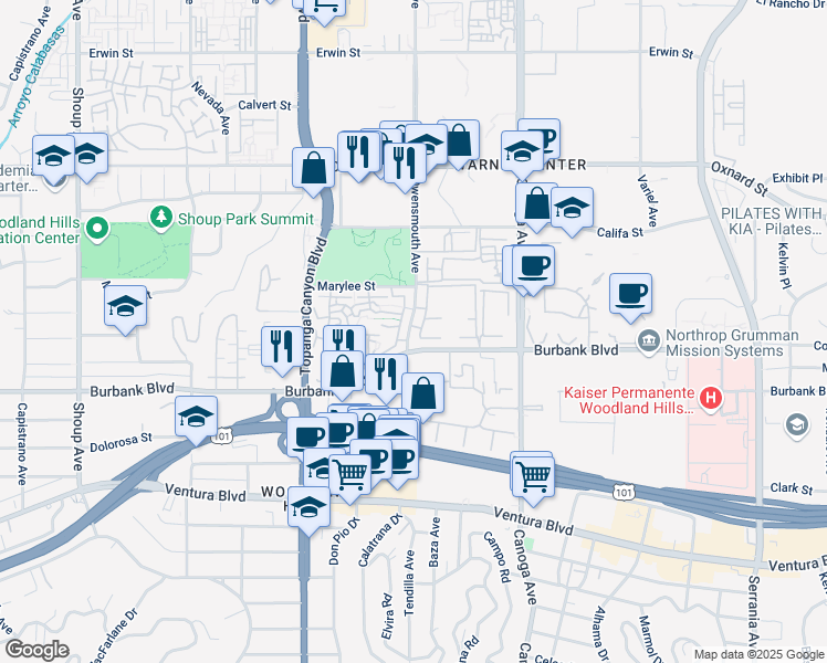 map of restaurants, bars, coffee shops, grocery stores, and more near 5 Owensmouth Avenue in Los Angeles