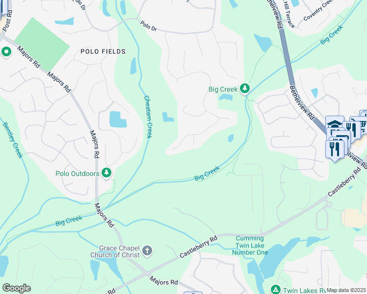 map of restaurants, bars, coffee shops, grocery stores, and more near 7085 Wakehurst Place in Cumming