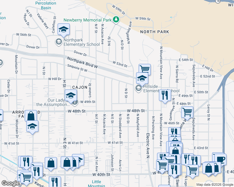 map of restaurants, bars, coffee shops, grocery stores, and more near 4966 North Stoddard Avenue in San Bernardino