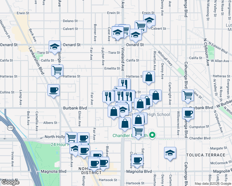 map of restaurants, bars, coffee shops, grocery stores, and more near 5663 Ensign Avenue in Los Angeles