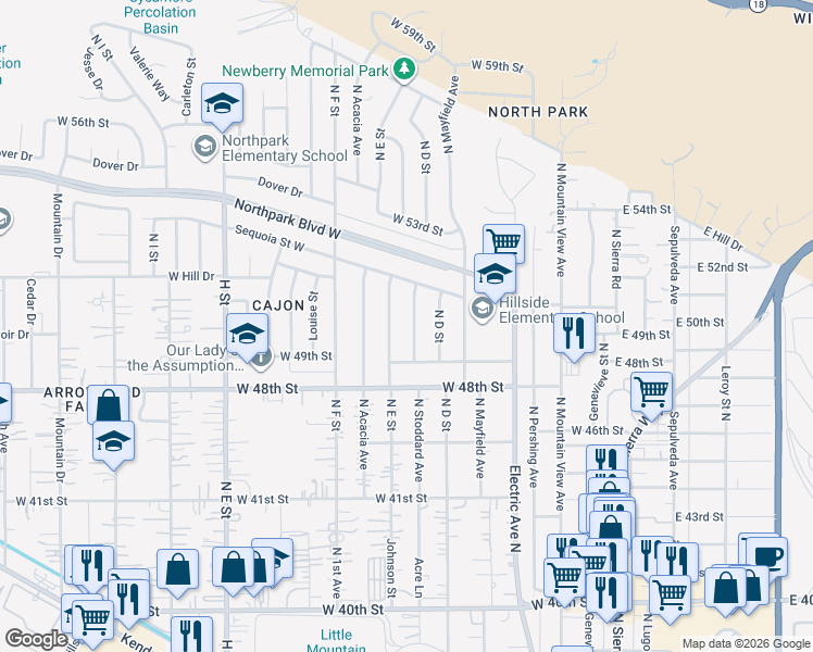 map of restaurants, bars, coffee shops, grocery stores, and more near 4966 North Stoddard Avenue in San Bernardino