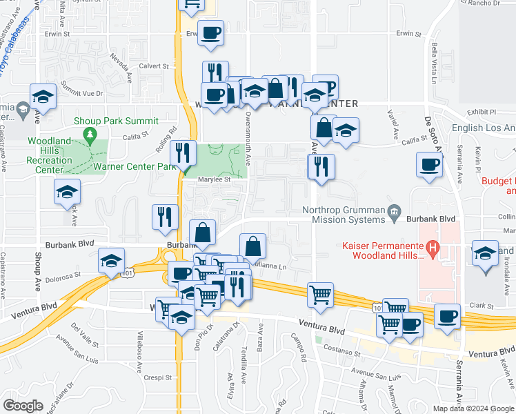 map of restaurants, bars, coffee shops, grocery stores, and more near 5720 Owensmouth Avenue in Los Angeles