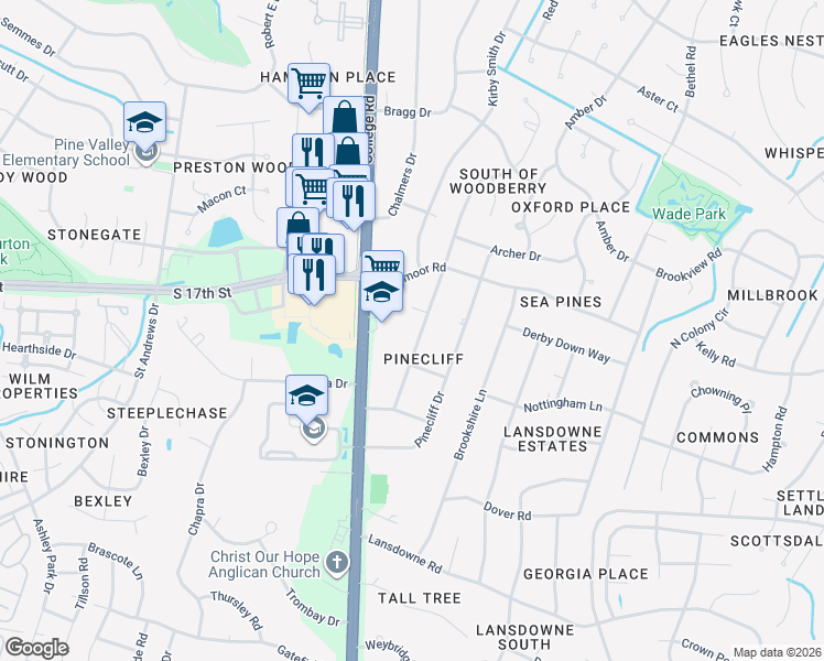 map of restaurants, bars, coffee shops, grocery stores, and more near 313 Shamrock Drive in Wilmington