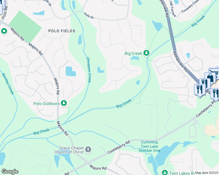 map of restaurants, bars, coffee shops, grocery stores, and more near 7085 Wakehurst Place in Cumming