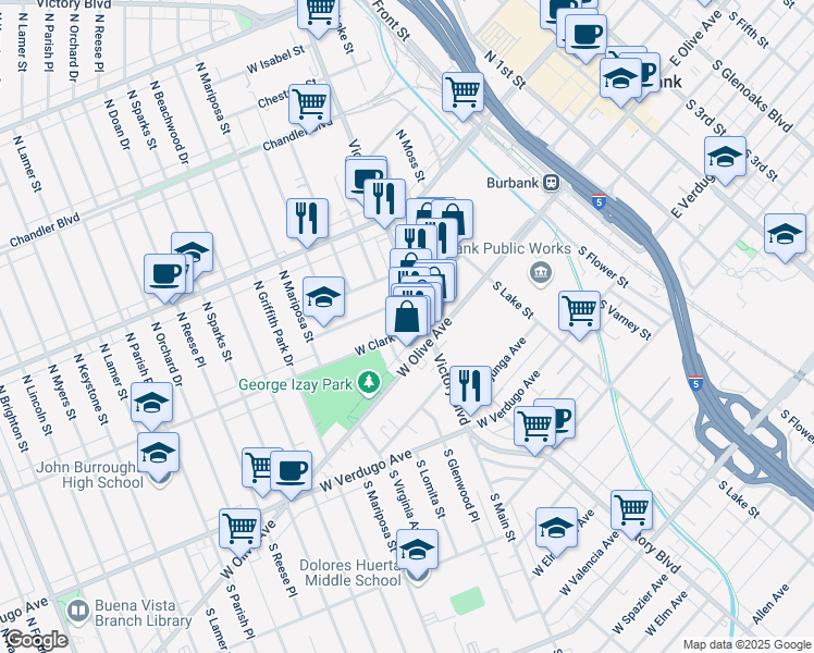 map of restaurants, bars, coffee shops, grocery stores, and more near 917 West Clark Avenue in Burbank