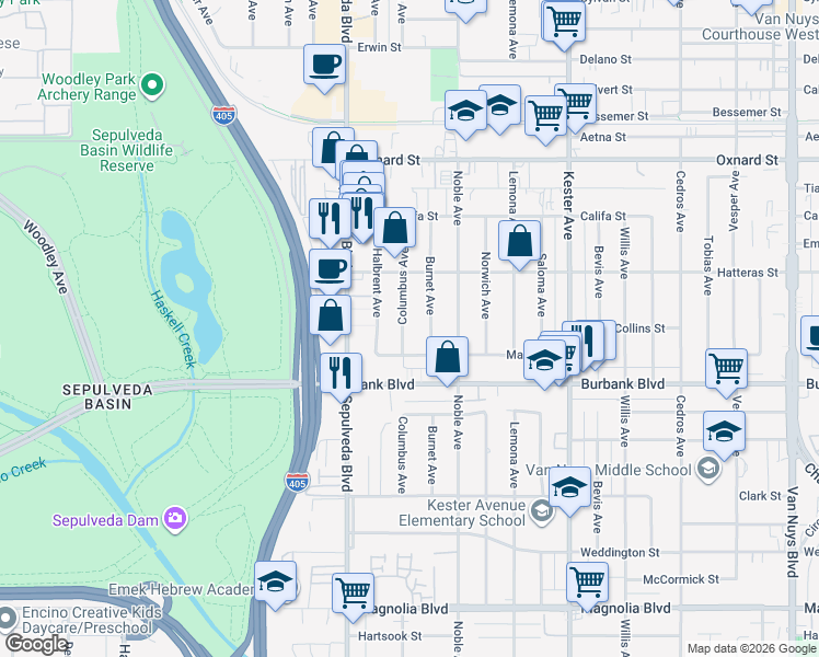 map of restaurants, bars, coffee shops, grocery stores, and more near 5658 Columbus Avenue in Los Angeles