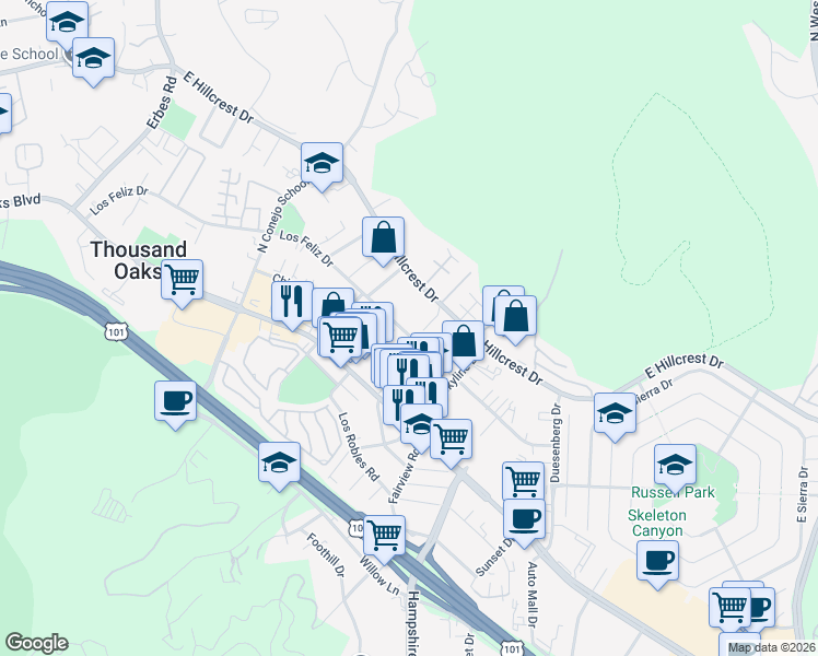 map of restaurants, bars, coffee shops, grocery stores, and more near 2685 Los Feliz Drive in Thousand Oaks