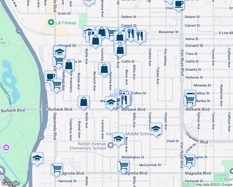 map of restaurants, bars, coffee shops, grocery stores, and more near 5717 Kester Avenue in Los Angeles