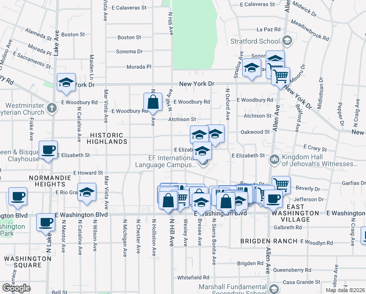 map of restaurants, bars, coffee shops, grocery stores, and more near 1455 East Elizabeth Street in Pasadena