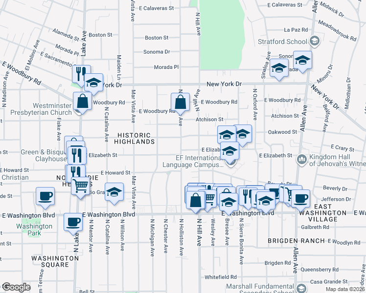 map of restaurants, bars, coffee shops, grocery stores, and more near 1620 North Holliston Avenue in Pasadena