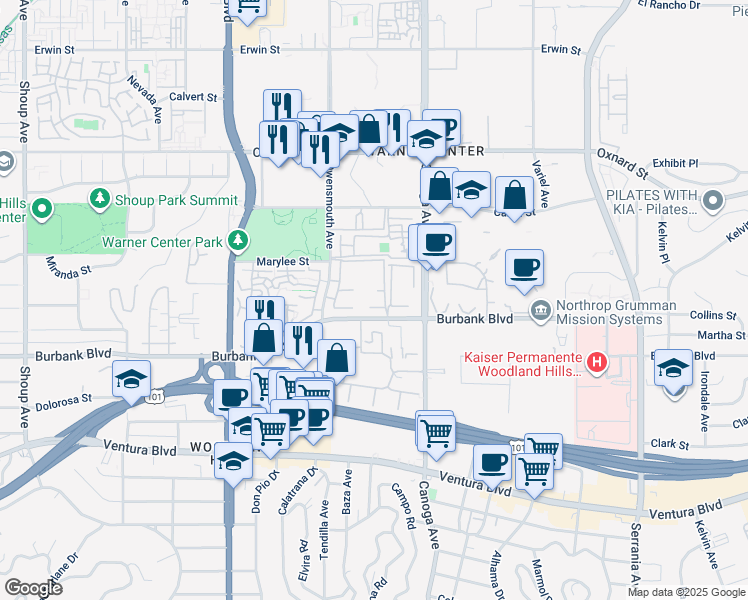 map of restaurants, bars, coffee shops, grocery stores, and more near 21551 Burbank Boulevard in Los Angeles