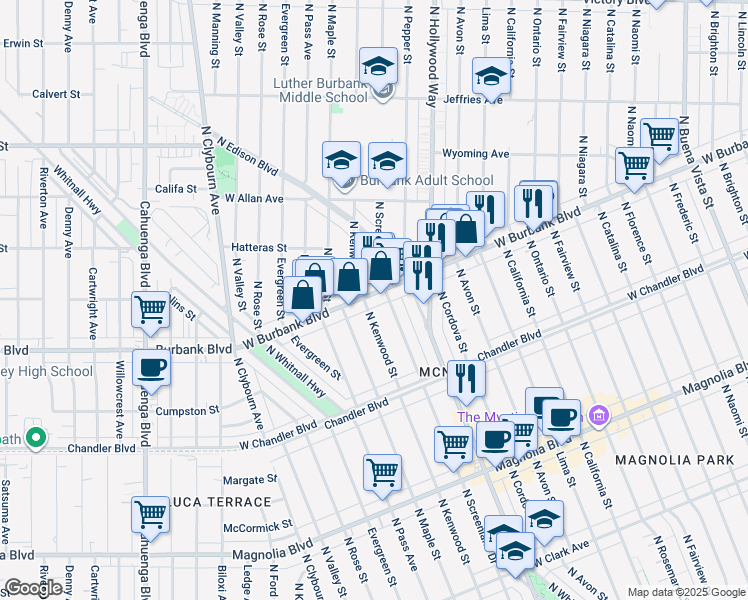 map of restaurants, bars, coffee shops, grocery stores, and more near 3801 West Burbank Boulevard in Burbank