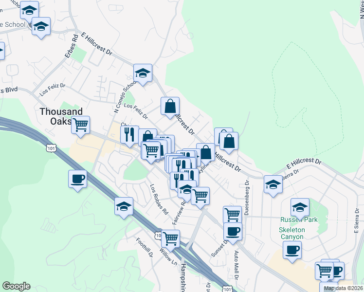 map of restaurants, bars, coffee shops, grocery stores, and more near 2685 Los Feliz Drive in Thousand Oaks
