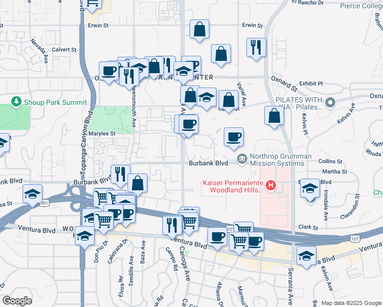 map of restaurants, bars, coffee shops, grocery stores, and more near 5700 Canoga Avenue in Los Angeles