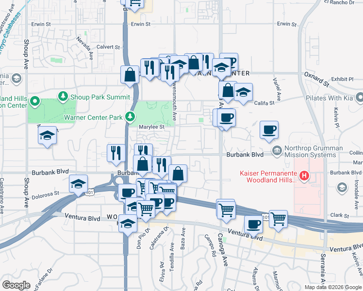 map of restaurants, bars, coffee shops, grocery stores, and more near 5720 Owensmouth Avenue in Los Angeles