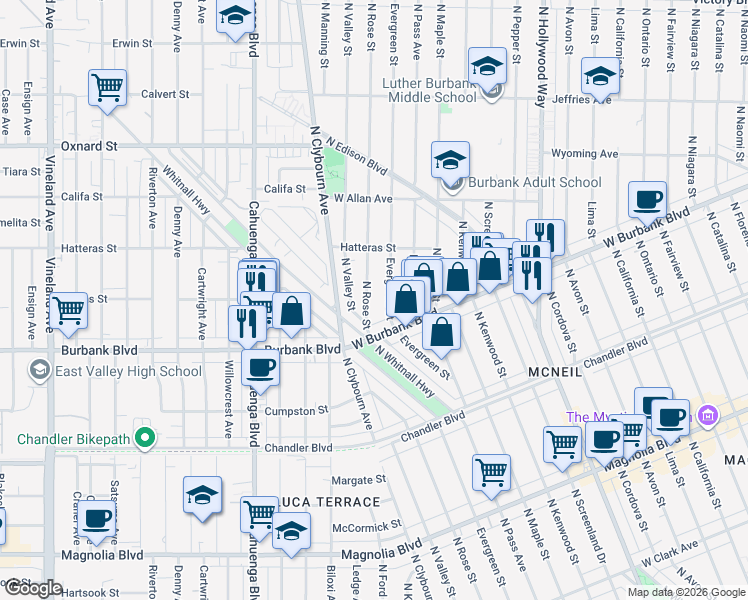 map of restaurants, bars, coffee shops, grocery stores, and more near 1434 North Rose Street in Burbank