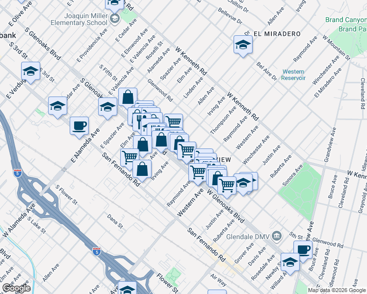 map of restaurants, bars, coffee shops, grocery stores, and more near 1128 Irving Avenue in Glendale
