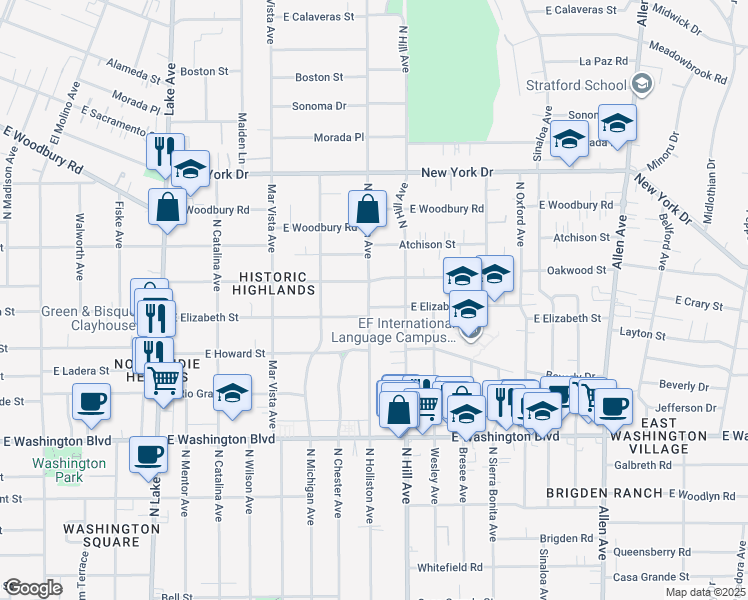 map of restaurants, bars, coffee shops, grocery stores, and more near 1620 North Holliston Avenue in Pasadena