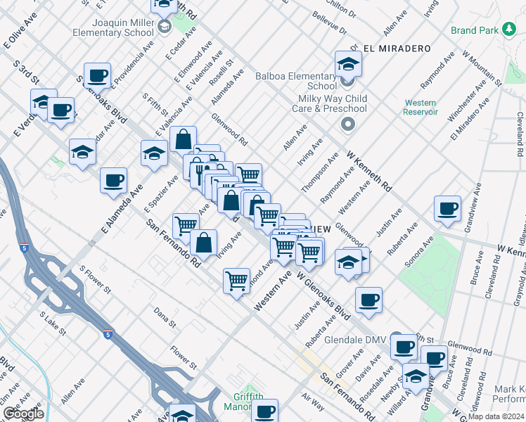 map of restaurants, bars, coffee shops, grocery stores, and more near 1128 Irving Avenue in Glendale