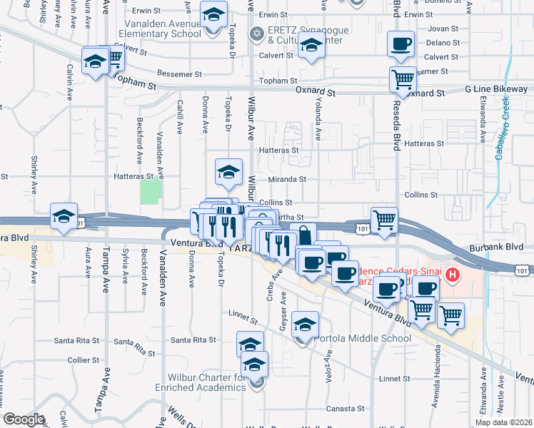 map of restaurants, bars, coffee shops, grocery stores, and more near 18829 Martha Street in Los Angeles