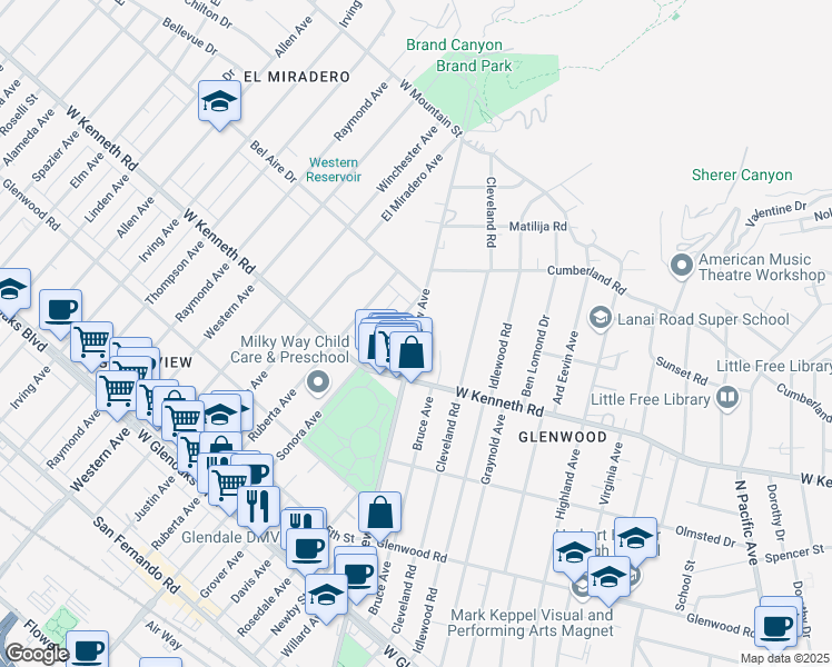 map of restaurants, bars, coffee shops, grocery stores, and more near 1546 Grandview Avenue in Glendale