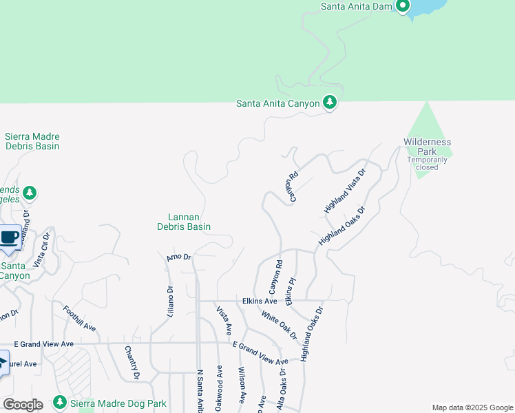 map of restaurants, bars, coffee shops, grocery stores, and more near 2134 Canyon Road in Arcadia