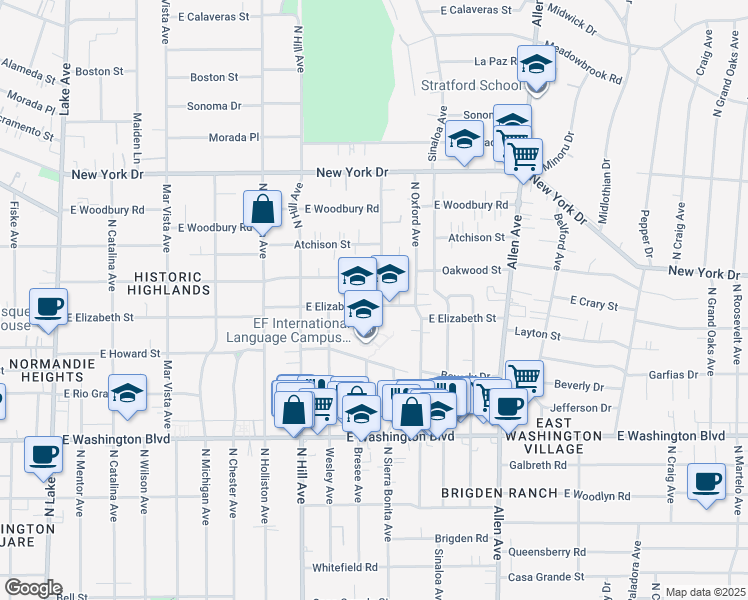 map of restaurants, bars, coffee shops, grocery stores, and more near 1563 East Elizabeth Street in Pasadena