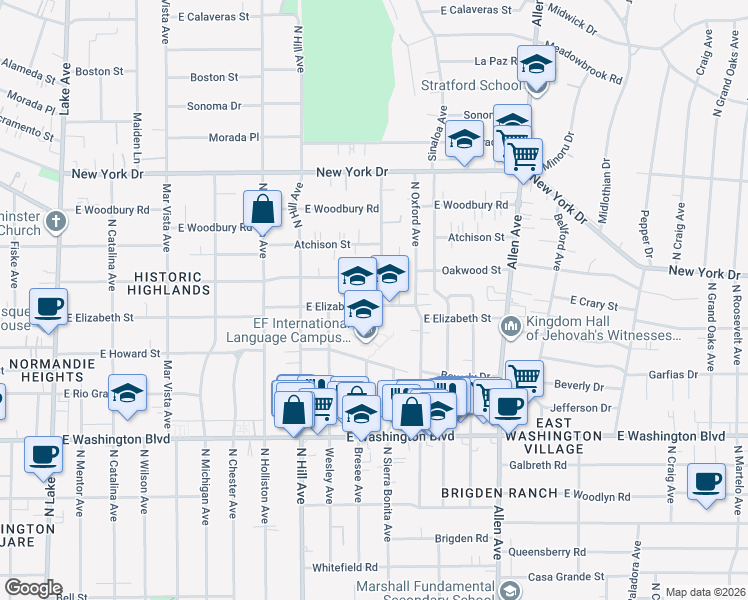 map of restaurants, bars, coffee shops, grocery stores, and more near 1563 East Elizabeth Street in Pasadena