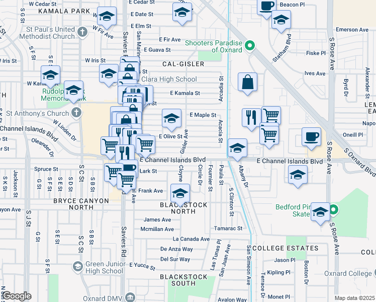 map of restaurants, bars, coffee shops, grocery stores, and more near 523 East Poplar Street in Oxnard