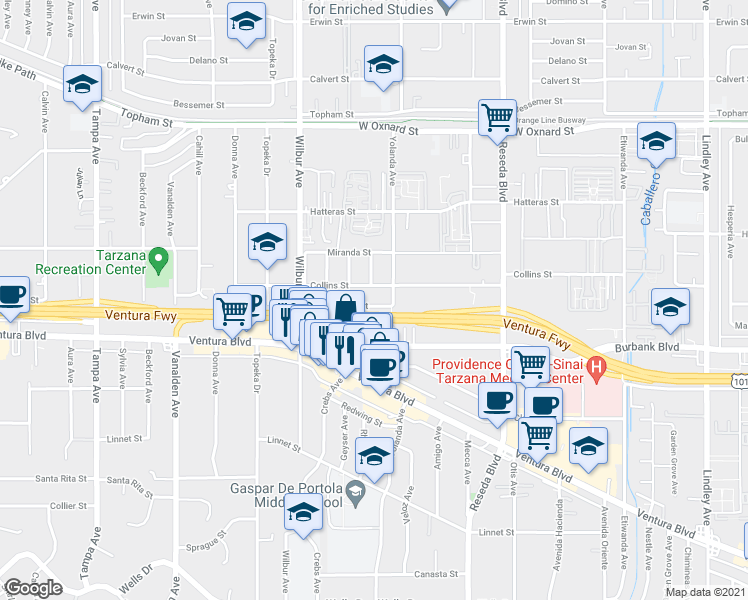 map of restaurants, bars, coffee shops, grocery stores, and more near 18719 Martha Street in Los Angeles