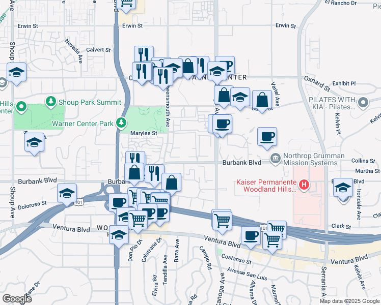 map of restaurants, bars, coffee shops, grocery stores, and more near 21551 Burbank Boulevard in Los Angeles