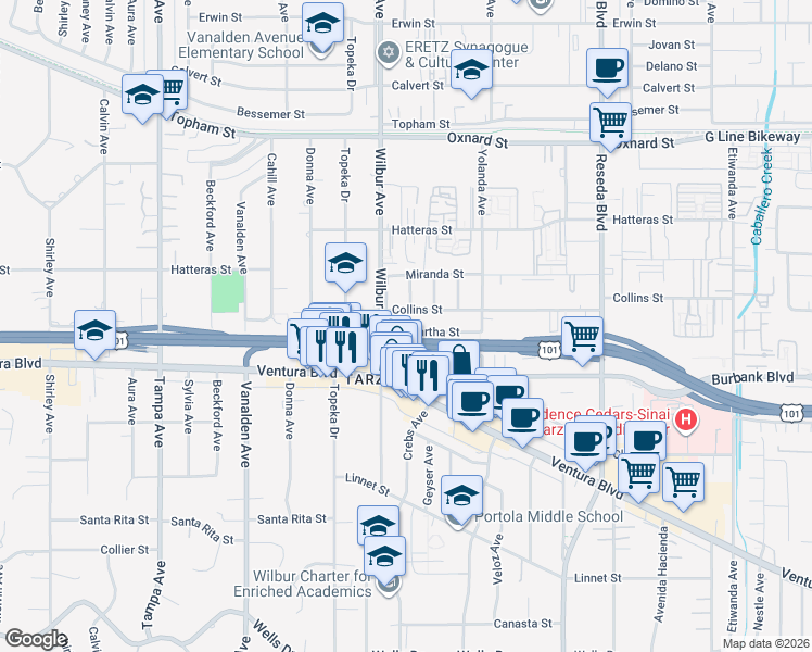 map of restaurants, bars, coffee shops, grocery stores, and more near 18829 Martha Street in Los Angeles