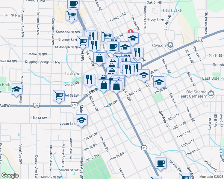 map of restaurants, bars, coffee shops, grocery stores, and more near 323 2nd Avenue Southwest in Cullman