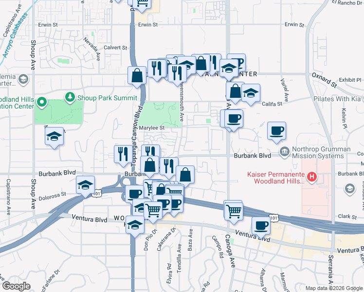 map of restaurants, bars, coffee shops, grocery stores, and more near 5 Owensmouth Avenue in Los Angeles