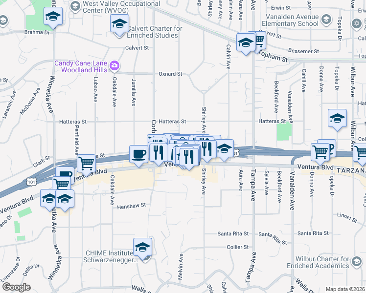 map of restaurants, bars, coffee shops, grocery stores, and more near 5642 Melvin Avenue in Los Angeles
