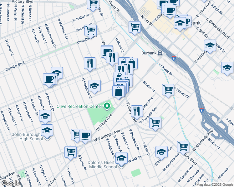 map of restaurants, bars, coffee shops, grocery stores, and more near 137 North Victory Boulevard in Burbank